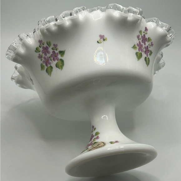 Vintage Fenton Silver Crest "Violets in the Snow" HandPainted Milk Glass Compote - Picture 3 of 11